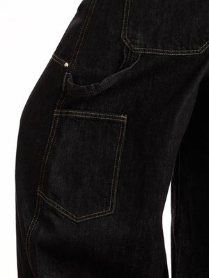 Belted wide-leg black jeans with pockets and contrast stitching.