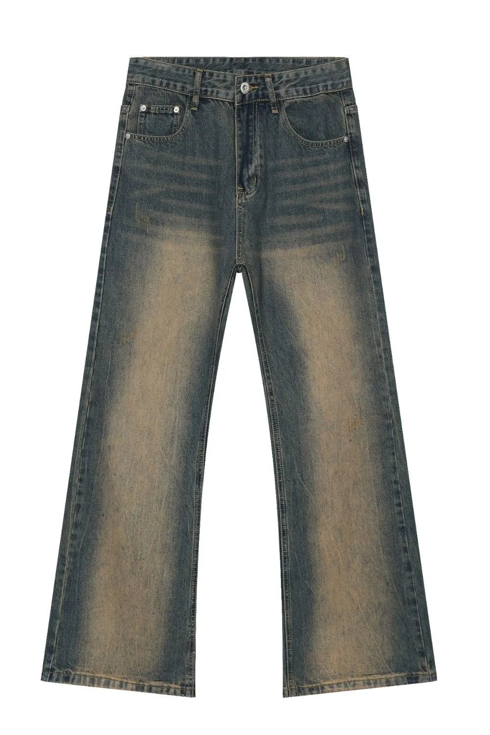 Faded wash bootcut denim jeans in medium color with a distressed look.