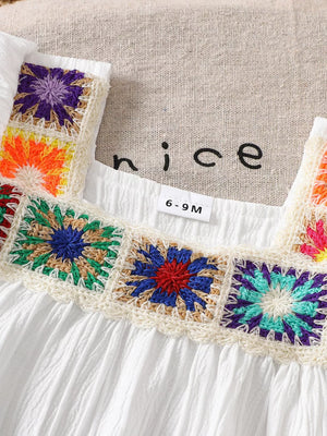 Children's Crochet Trimmed Top And Pants Set in White, close-up detail