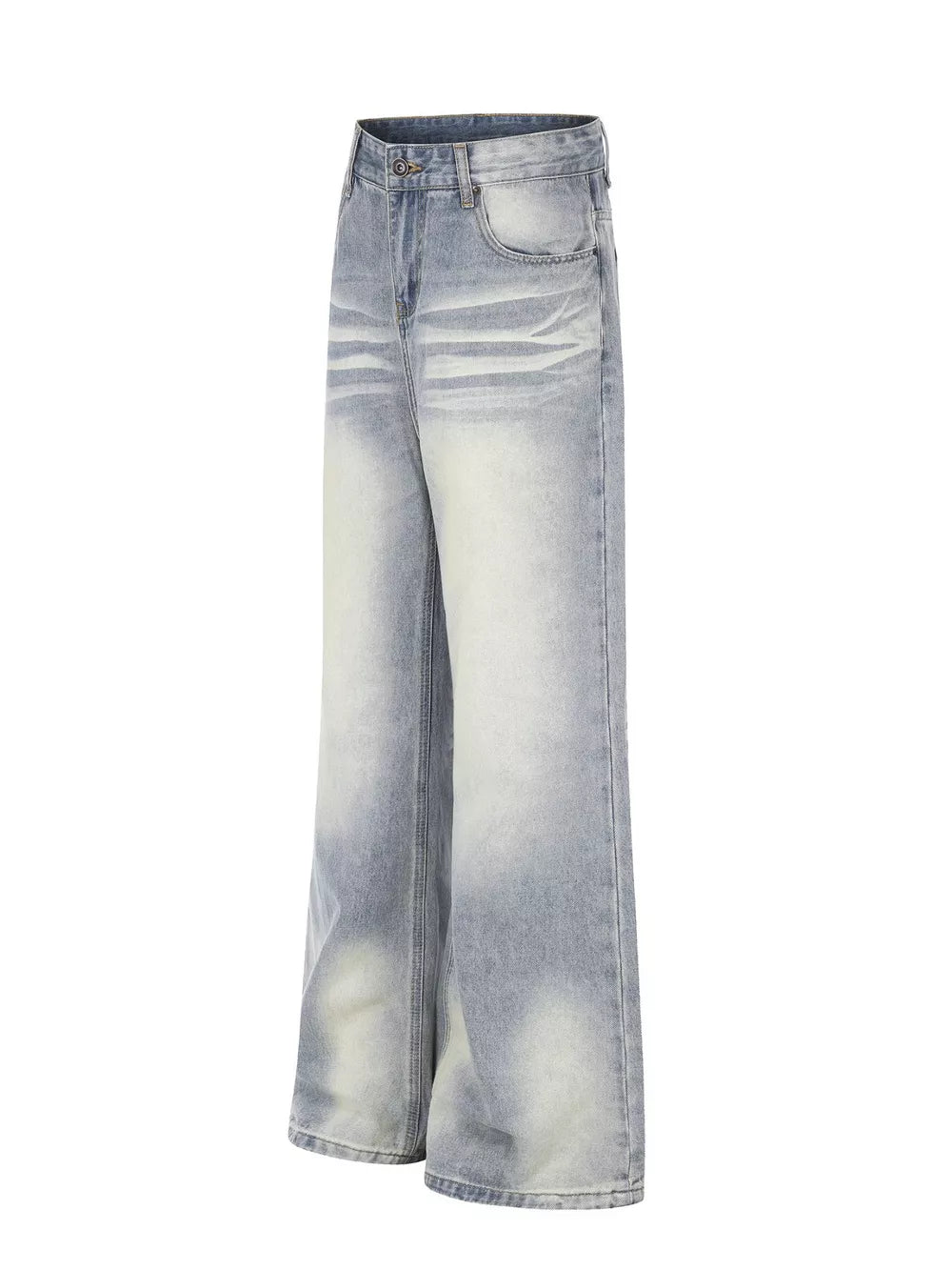 Men's light wash vintage denim wide leg jeans with a comfortable fit.
