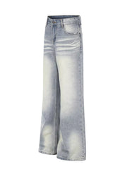 Men's light wash vintage denim wide leg jeans with a comfortable fit.