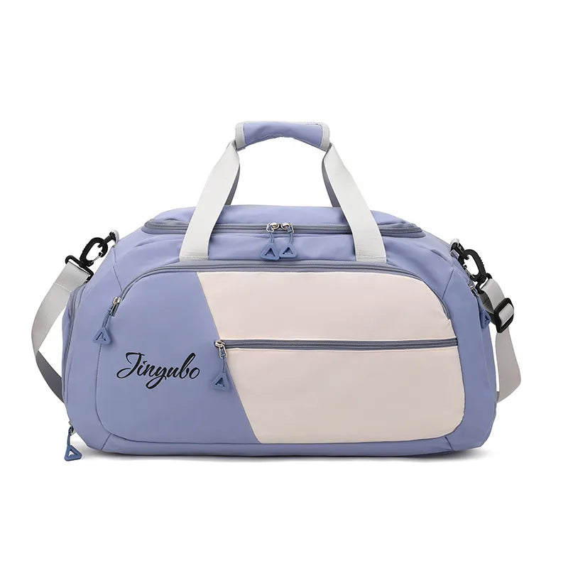 Colorblock travel duffel bag in blue and beige with logo detail and adjustable strap.