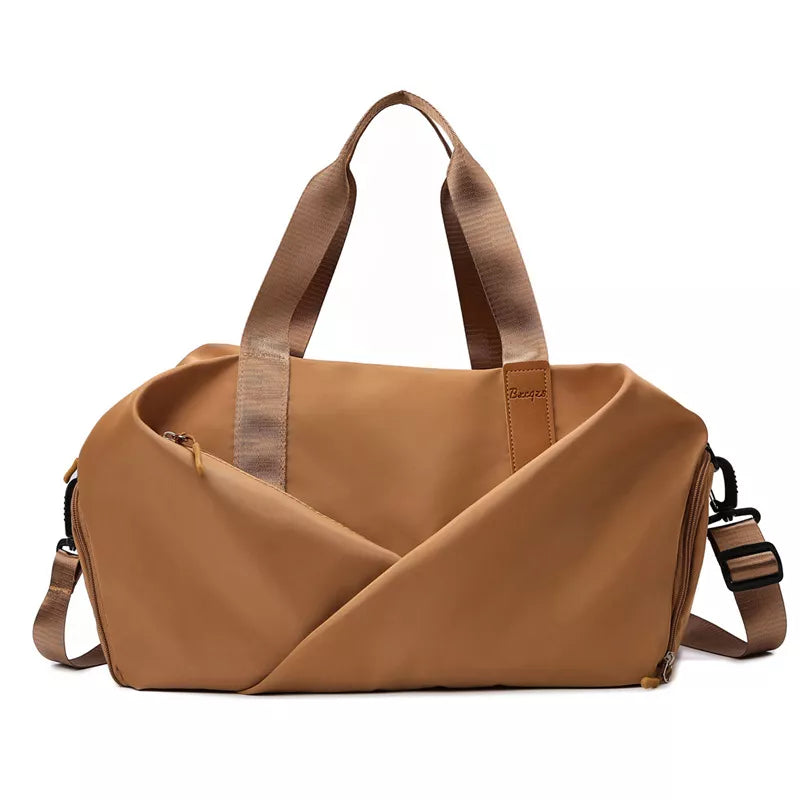 Camel nylon travel bag with adjustable straps and zippered compartments.