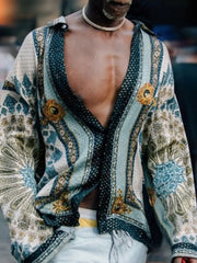 Bohemian print open-front silk shirt with a deep V-neck and long sleeves.