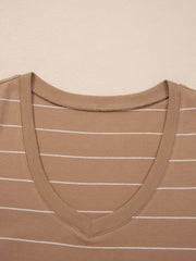 Brown striped maxi t-shirt dress with v-neck