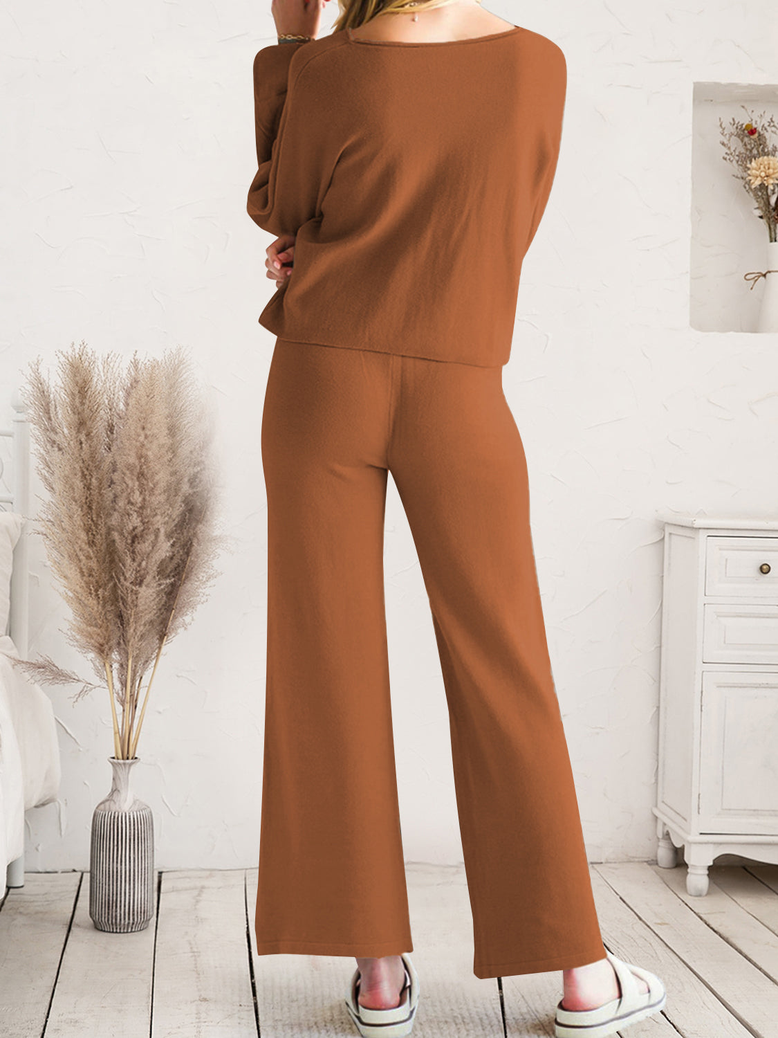 Caramel acrylic wide-leg loungewear set with a relaxed fit and crew neck top.