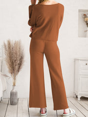 Caramel acrylic wide-leg loungewear set with a relaxed fit and crew neck top.