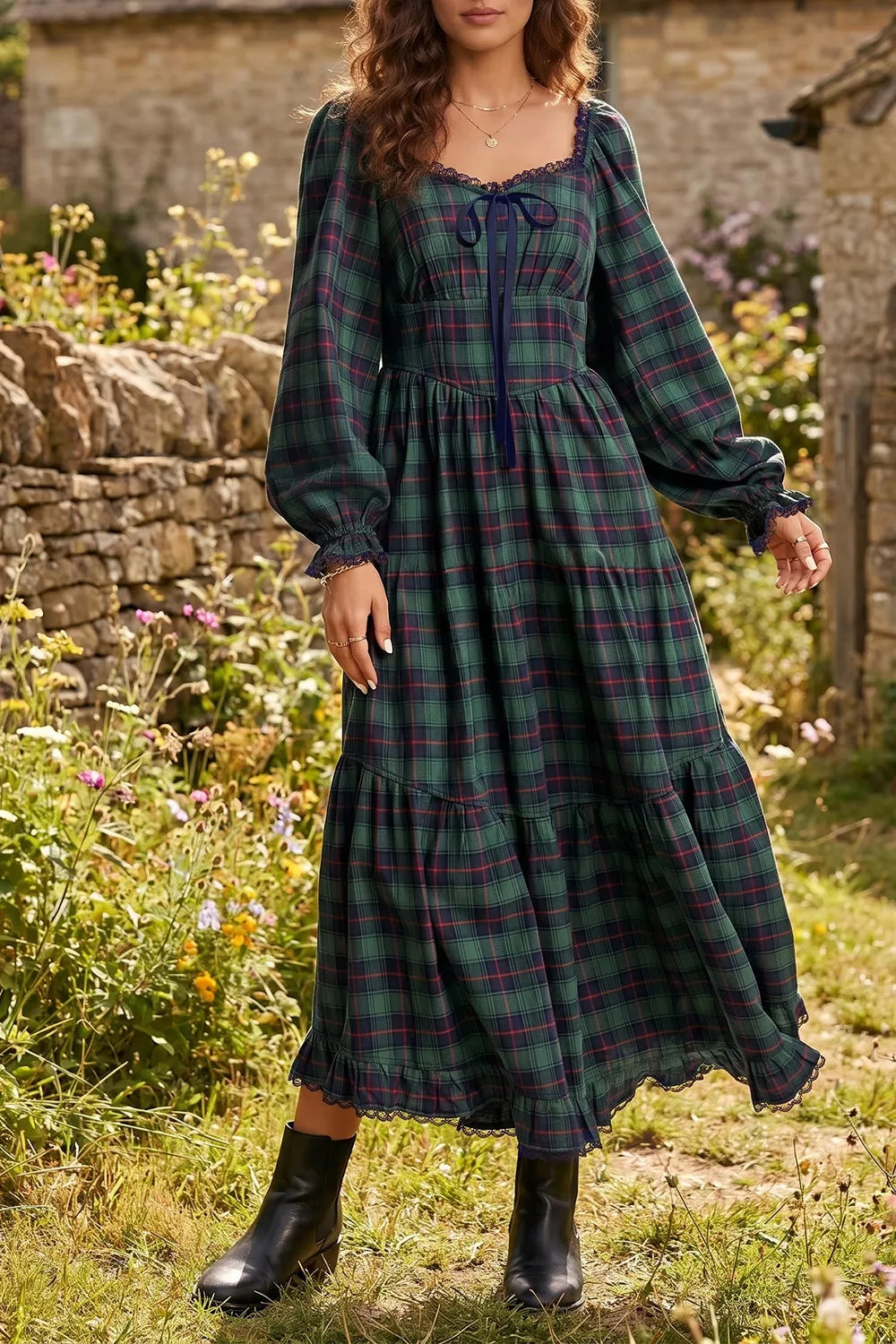 Plaid Long Sleeve Tiered Midi Dress in Black Forest, front view