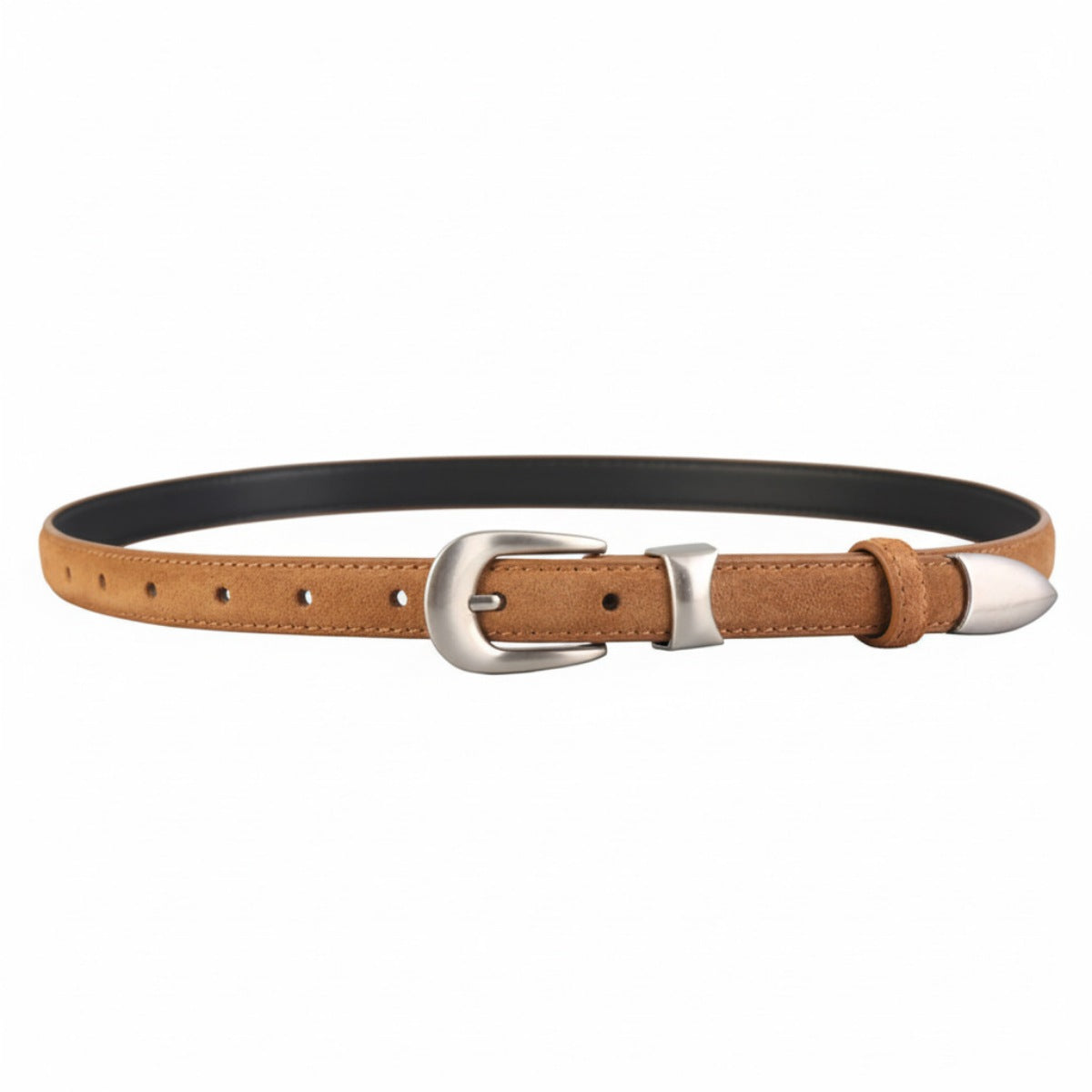 Brown leather skinny belt with silver buckle and tip accents