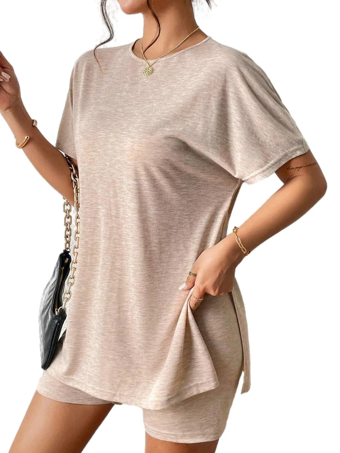 Tan drape front tee and shorts set with side slits