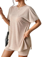 Tan drape front tee and shorts set with side slits