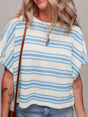 Boxy stripe knit t-shirt in light blue and white with short sleeves and a crew neck.