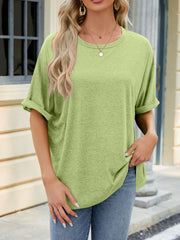 Relaxed fit yellow-green t-shirt with rolled sleeves and crew neck.