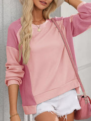 Color Block Waffle High Low Raglan Sweatshirt in Blush Pink, close-up detail