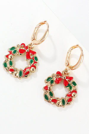Festive Santa Charm Hoop Earrings with red bows and green holly leaves on gold alloy.