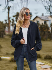 Dark Navy textured knit dolman sleeve hoodie with zipper and pockets