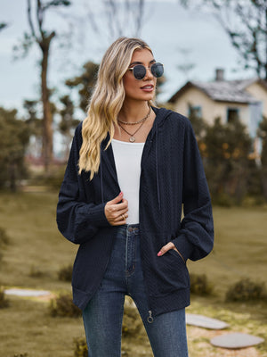 Dark Navy textured knit dolman sleeve hoodie with zipper and pockets