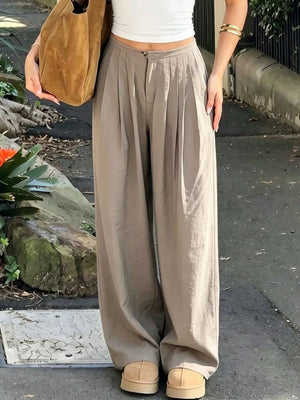 Wide-leg Pleated Pants in Khaki, model styling view