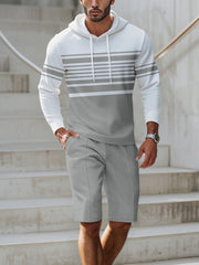 Men's light gray and white textured stripe hoodie and shorts set with drawstring.
