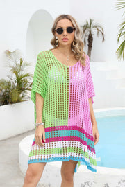 Meshed edge scoop neck half sleeve cover-up in pink and lime green with striped hem