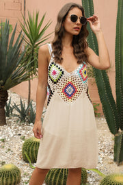 Beige maxi dress with colorful crochet yoke and V-neck