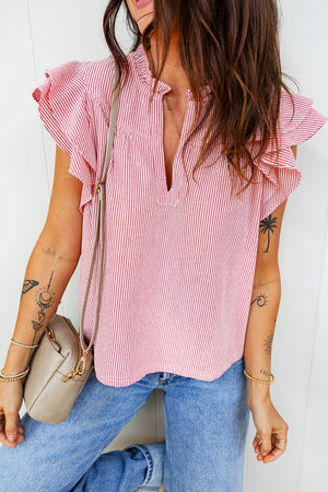 Red and white striped cotton blouse with ruffled short sleeves and a V-neck.