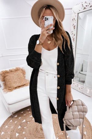 Black openwork button-down maxi cardigan with wood-look buttons, acrylic knit.