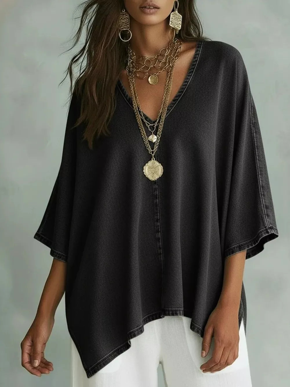 V-neck Batwing Sleeve T-shirt, close-up detail