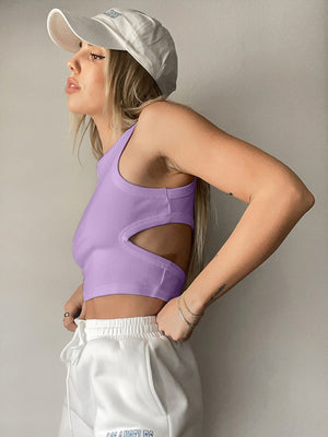Lavender ribbed cutout crop top with a high neckline and sleeveless design.
