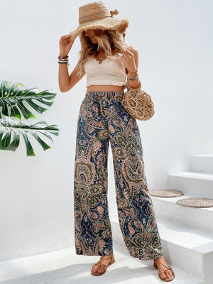 Paisley palazzo trousers in multicolor with drawstring waist and wide leg