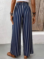Striped Wide-leg Pants With Elastic Waistband in Dark Blue, back view