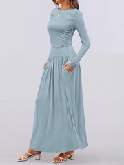 Sky blue ruched long sleeve maxi dress with pockets