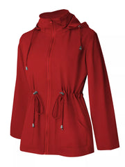 Red waterproof hooded zip-up jacket with drawstring waist and pockets