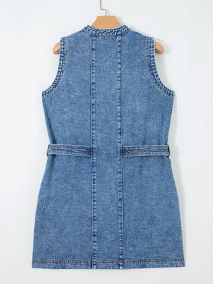 Belted denim dress with button front, sleeveless, collared, and a cinched waist.