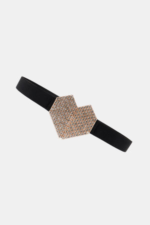 Black elastic belt with geometric crystal heart buckle