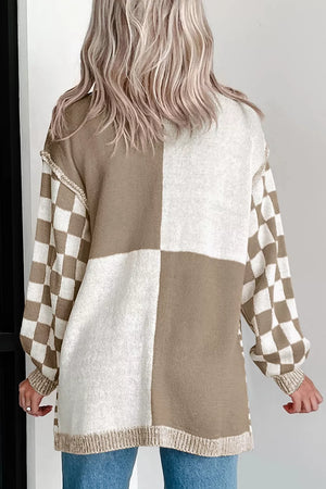 Checkerboard knit cardigan with ribbed details in brown and cream acrylic, featuring a colorblock design and checkered