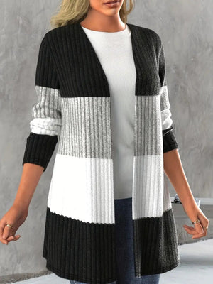 Monochrome block ribbed cardigan with open front and long sleeves.