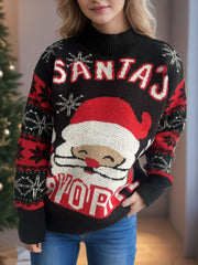 Black acrylic knit sweater with Santa graphic and snowflakes, mock neck, long sleeves.