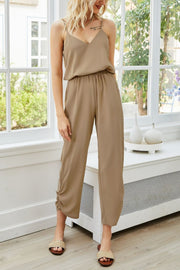 Khaki cami jumpsuit with gathered ankle detail and elastic waist.
