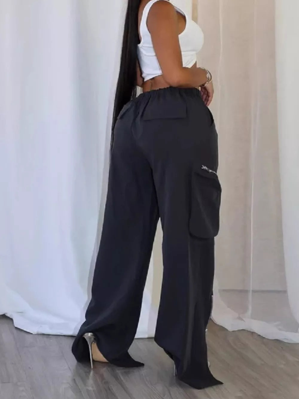 Drawstring Cargo Pants With Zipper Accents in Black, fabric detail