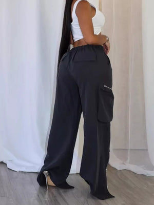 Drawstring Cargo Pants With Zipper Accents in Black, fabric detail