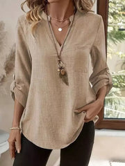 Casual V-neck Roll-sleeve T-shirt With Pocket in Khaki, close-up detail