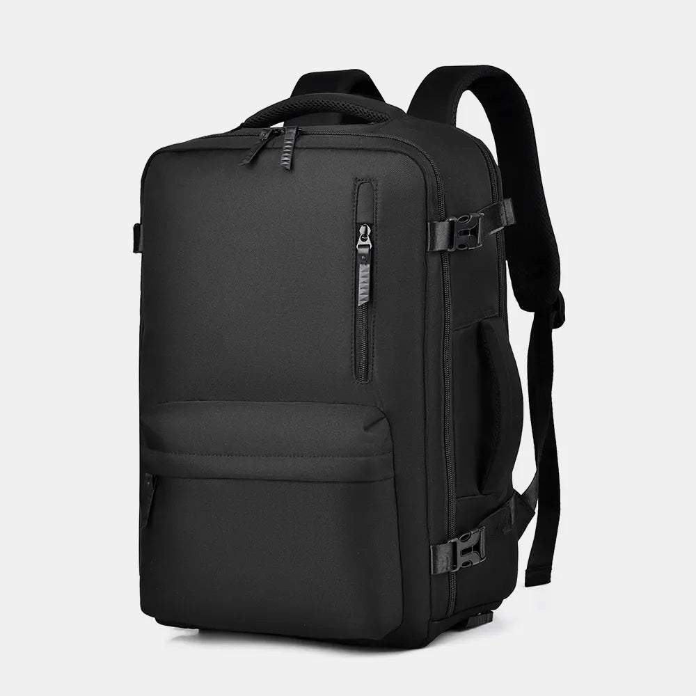Black travel backpack with zippered compartments and padded straps.