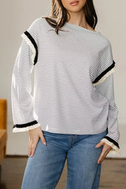 Stripe Contrasted Ruffle Trim Loose Long Sleeve Top in Stripe, front view