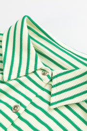Green and white striped resort shirt romper with button detail