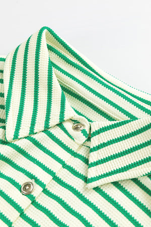 Green and white striped resort shirt romper with button detail