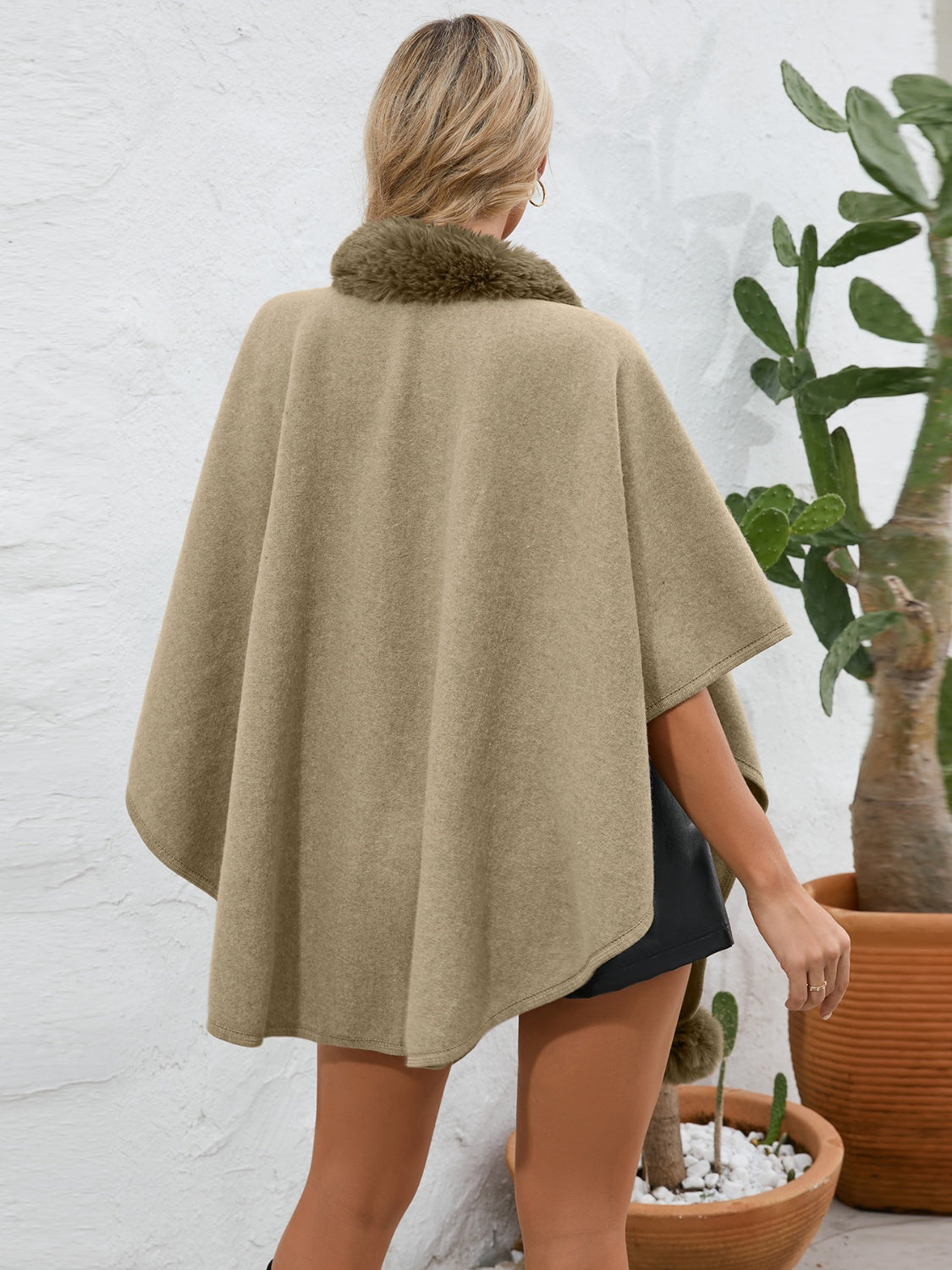 Camel faux fur collar wrap poncho with a cozy, casual style.