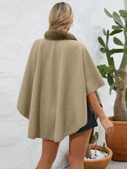 Camel faux fur collar wrap poncho with a cozy, casual style.