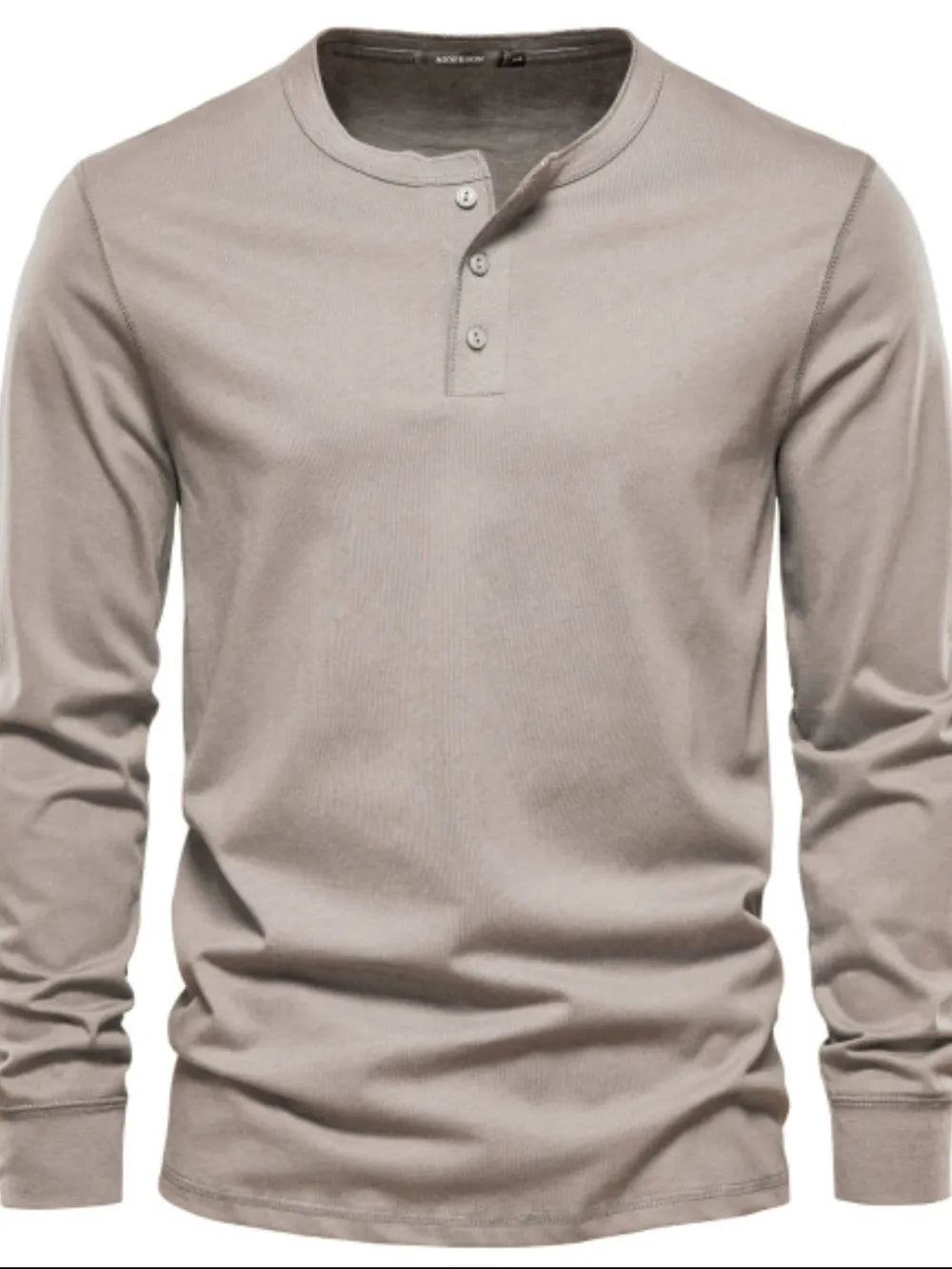 Henley knit long sleeve tee in Khaki with button placket and crew neck.