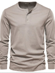 Henley knit long sleeve tee in Khaki with button placket and crew neck.